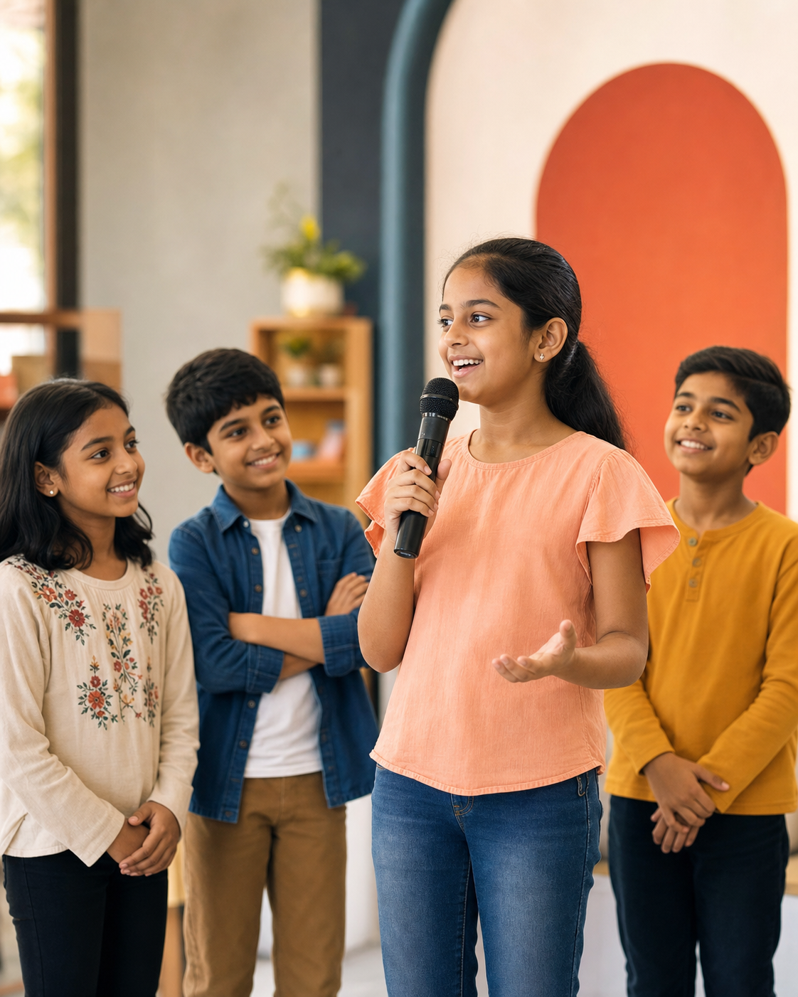 Indian children learning public speaking with a microphone